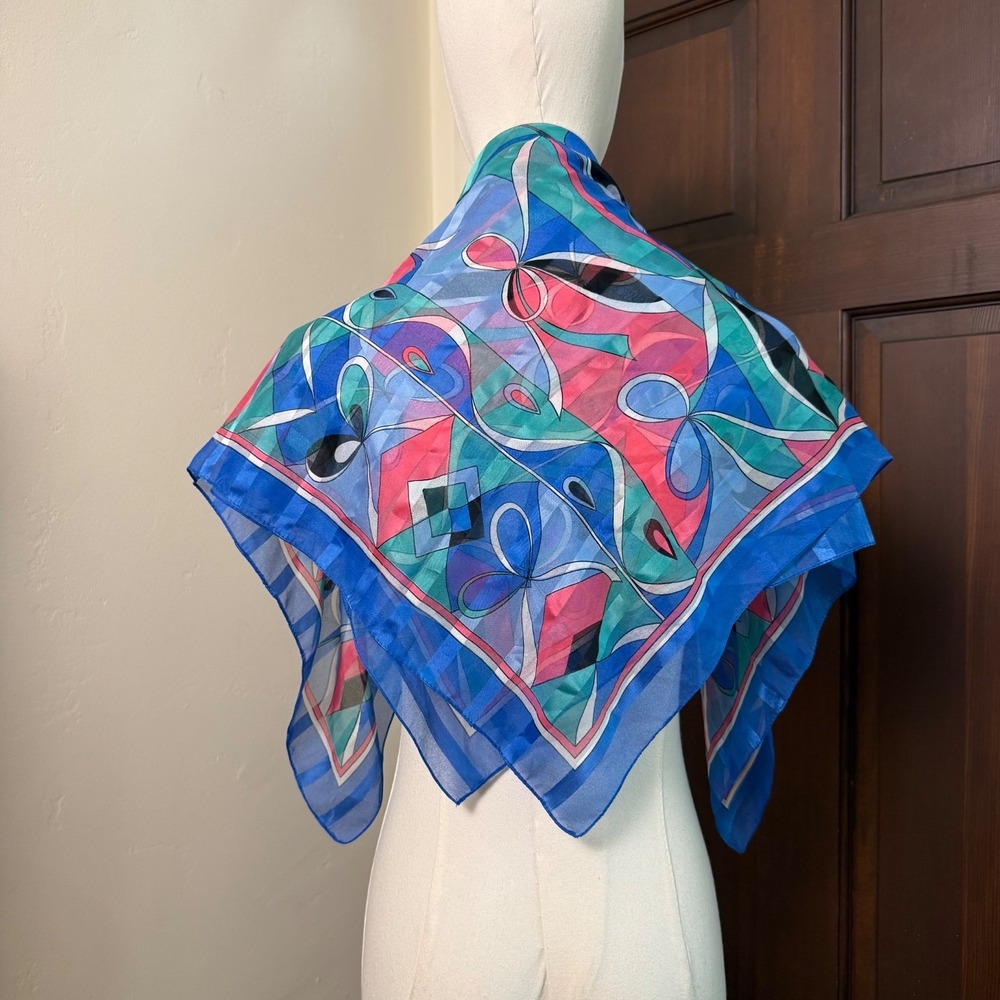 Vintage Geometric Scarf Retro Chiffon 80s 90s | pink blue aqua | 30" XL Square